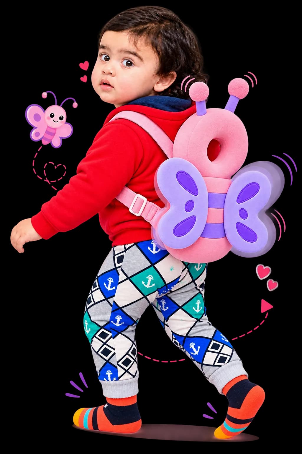 Toddler walking while wearing the Dream Little Butterfly baby head protector backpack on their back